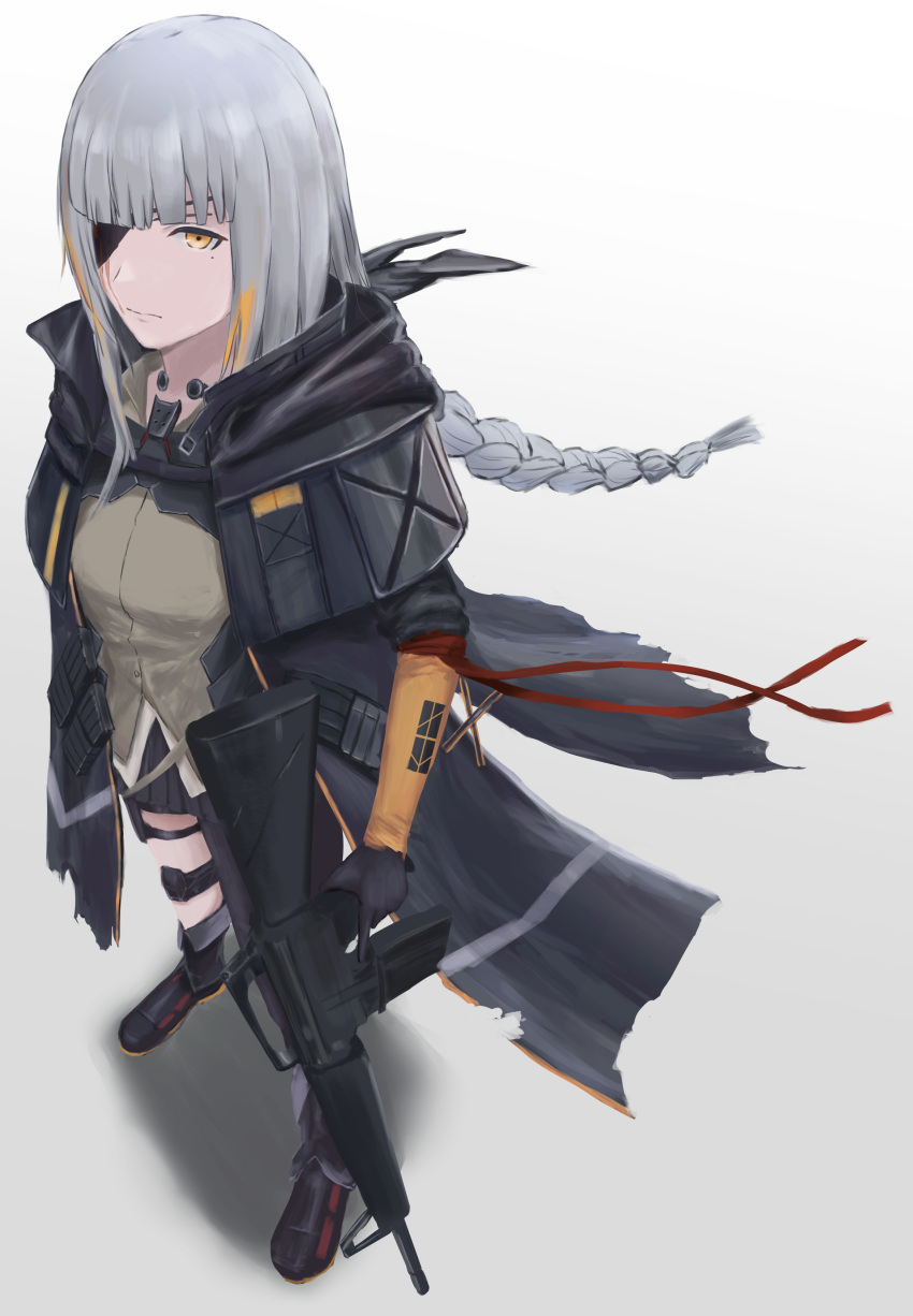 1girl absurdres assault_rifle bangs braid commentary_request eni_rei eyepatch full_body girls_frontline gloves grey_hair gun highres holding holding_gun holding_weapon jacket long_hair looking_at_viewer m16 m16a1_(boss)_(girls'_frontline) miniskirt mole mole_under_eye multicolored_hair open_clothes open_jacket orange_eyes orange_hair pleated_skirt rifle scar scar_across_eye scar_on_face shadow skirt solo standing streaked_hair weapon