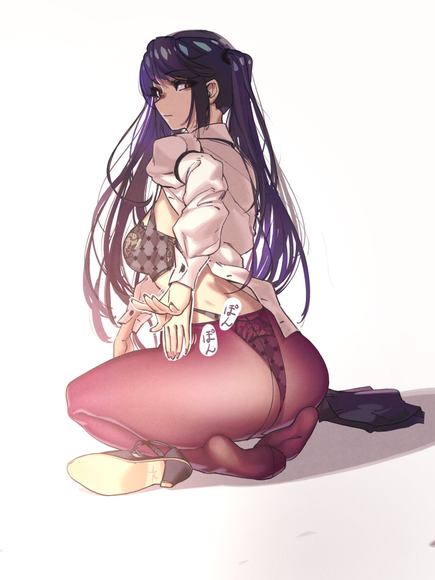 1girl ass black_bra black_panties bra breasts highres jill_stingray looking_back open_clothes open_shirt panties pantyhose patting_lap puk purple_hair red_eyes skirt skirt_removed solo underwear undressing va-11_hall-a white_background