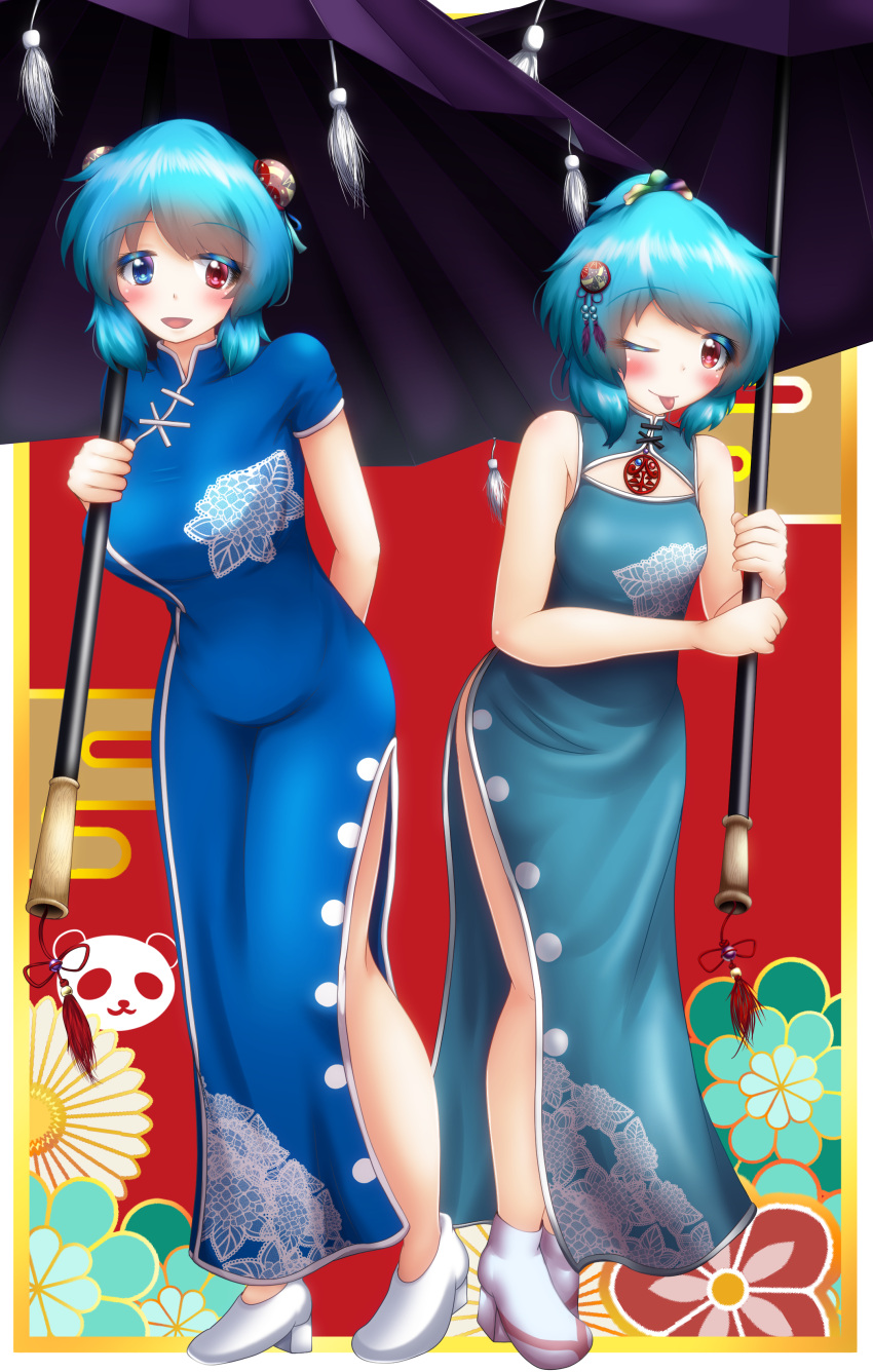 2girls 97-shiki_juubako :d :p absurdres blue_dress blue_eyes blue_hair breasts bun_cover china_dress chinese_clothes commentary_request double_bun dress dual_persona heterochromia highres holding holding_umbrella large_breasts long_dress multiple_girls no_panties one_eye_closed red_eyes short_hair short_sleeves side_slit sleeveless sleeveless_dress small_breasts smile tatara_kogasa tongue tongue_out touhou umbrella white_footwear