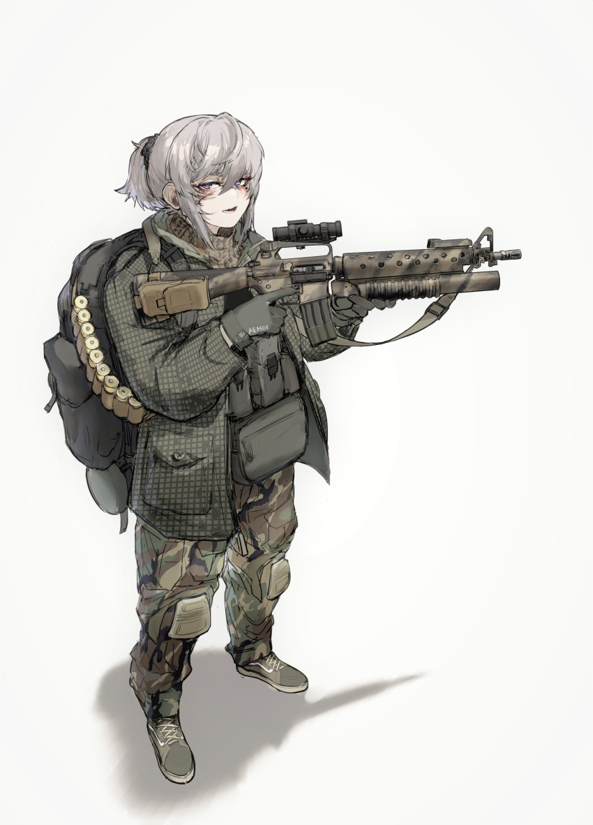 absurdres alma01 ar-15 assault_rifle backpack bag camouflage camouflage_pants grenade_launcher gun highres jacket m16 m203 pants pouch rifle scope sling underbarrel_grenade_launcher weapon white_hair