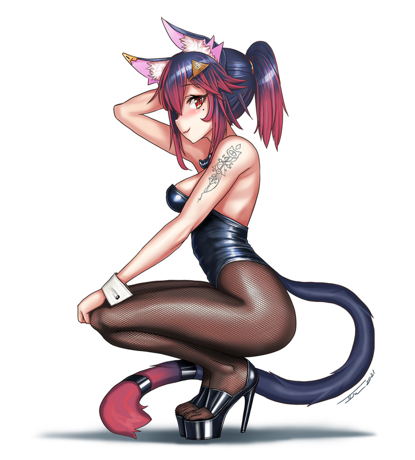 1girl aiyu_yorumi animal_ear_fluff animal_ears arm_behind_head bare_arms bare_shoulders black_bow black_bowtie black_footwear black_hair black_leotard blush bow bowtie breasts cat_ears cat_girl cat_tail closed_mouth commentary_request eyelashes fishnet_legwear fishnets hair_ornament hand_on_own_thigh high_heels highres indie_virtual_youtuber jlm_(tc0658) leotard looking_at_viewer looking_to_the_side mole mole_under_eye multicolored_hair original pantyhose petite platform_footwear platform_heels playboy_bunny ponytail red_eyes redhead shiny shiny_hair sideboob signature simple_background slit_pupils smile squatting strapless strapless_leotard streaked_hair tail tail_ornament tail_ring tattoo two-tone_hair virtual_youtuber white_background wrist_cuffs