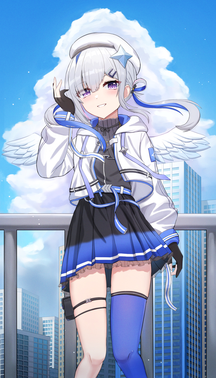 1girl absurdres against_railing amane_kanata ammunition_pouch angel angel_wings arm_at_side asymmetrical_bangs bangs belt beret black_bow black_dress black_gloves black_ribbon black_shirt blue_belt blue_hair blue_legwear blue_sky blue_wings blush bow building city clouds cloudy_sky colored_inner_hair day dot_nose dress eyebrows_visible_through_hair eyelashes eyes_visible_through_hair feathered_wings feathers frilled_dress frills gloves gold_necklace gradient gradient_clothes gradient_dress gradient_wings grin guard_rail hair_bow hair_ornament hair_over_one_eye hair_rings hairclip hand_up hat hat_ornament high_collar highres hololive hood hood_down hooded_jacket iv_(iv70311741) jacket jewelry long_sleeves multicolored_hair multicolored_wings neck_ribbon necklace official_alternate_costume official_alternate_hairstyle parted_lips partially_fingerless_gloves pink_hair pleated_dress pouch puffy_long_sleeves puffy_sleeves railing ribbed_shirt ribbon shirt short_dress silver_hair single_hair_intake single_sock single_thighhigh sky skyscraper smile socks solo standing star_(symbol) star_hat_ornament star_necklace streaked_hair thigh-highs thigh_strap twintails urban violet_eyes virtual_youtuber white_headwear white_jacket white_wings wings zipper zipper_pull_tab