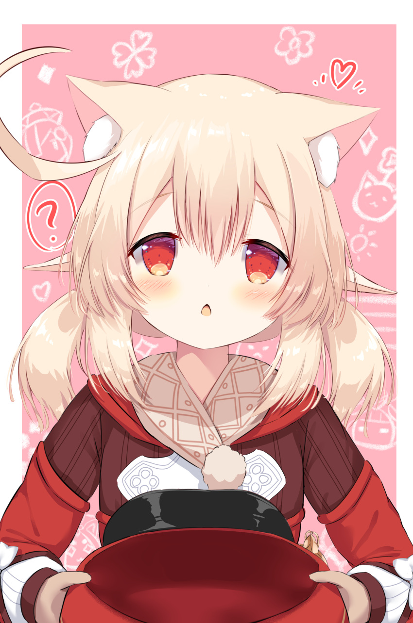 1girl ? absurdres animal_ear_fluff animal_ears bangs blush brown_gloves cabbie_hat cat_ears chestnut_mouth dress eyebrows_visible_through_hair genshin_impact gloves hair_between_eyes hat hat_removed headwear_removed heart highres holding holding_clothes holding_hat kemonomimi_mode klee_(genshin_impact) long_hair long_sleeves looking_at_viewer low_twintails parted_lips pointy_ears red_dress red_eyes red_headwear siera_(sieracitrus) solo spoken_question_mark twintails upper_body