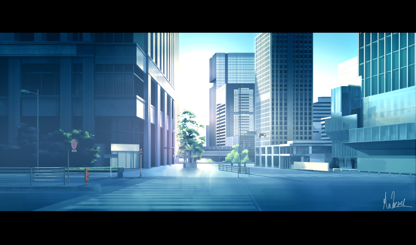 absurdres blue_sky blue_theme building city cityscape commentary_request crosswalk fence hakuurei_amano highres letterboxed no_humans original outdoors road road_sign scenery sign sky street traffic_light tree watermark