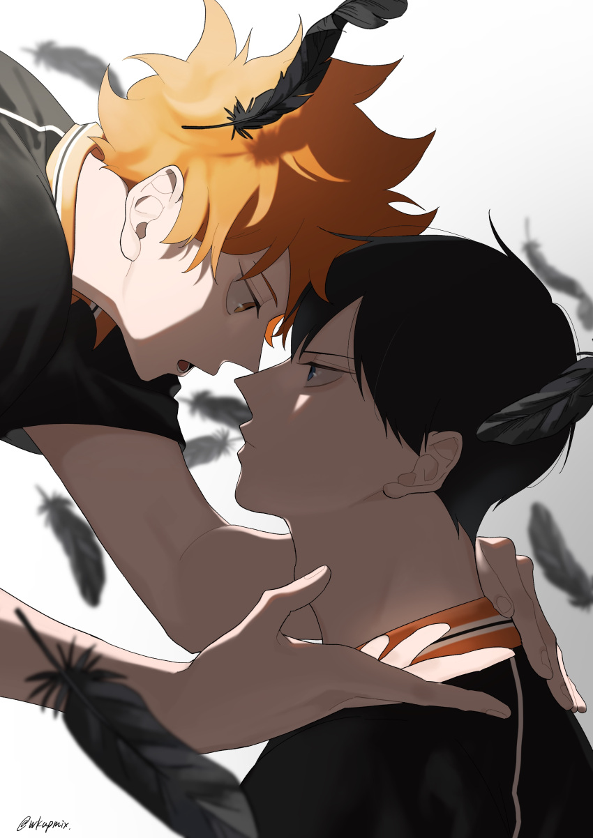 2boys absurdres black_feathers black_hair blurry depth_of_field feathers haikyuu!! hand_on_another's_shoulder highres hinata_shouyou kageyama_tobio looking_at_another lovemaronmeru0827 male_focus messy_hair multiple_boys open_mouth orange_eyes orange_hair profile shaded_face sportswear twitter_username volleyball_uniform