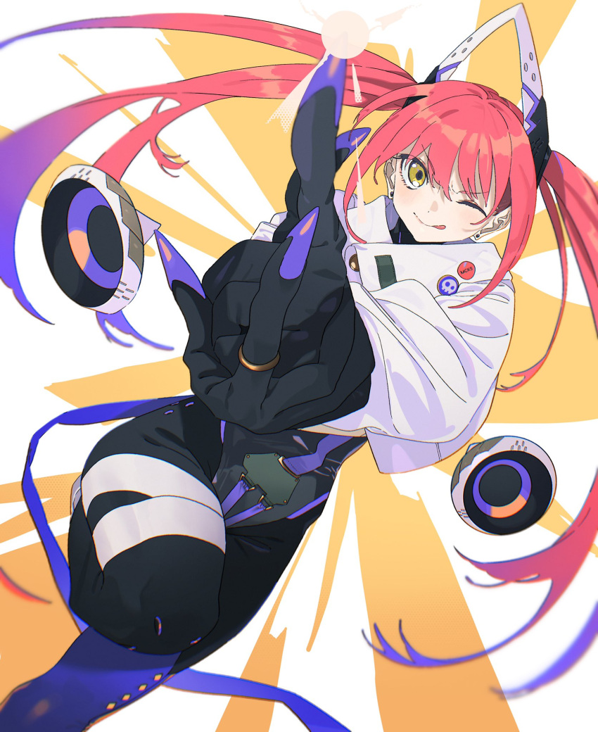 1girl aiming_at_viewer black_bodysuit blue_hair bodysuit commentary_request earrings finger_gun gradient_hair highres jewelry long_hair machi_(wm) multicolored_hair one_eye_closed original redhead ring solo stud_earrings tongue tongue_out twintails two-tone_hair very_long_hair yellow_eyes