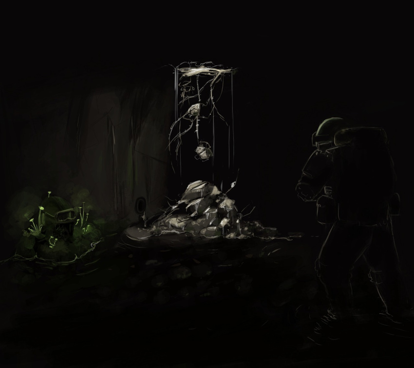 1boy amacalva backpack bag commentary commentary_request from_behind full_body glowing glowing_mushroom helmet indoors metro_2033 mushroom standing