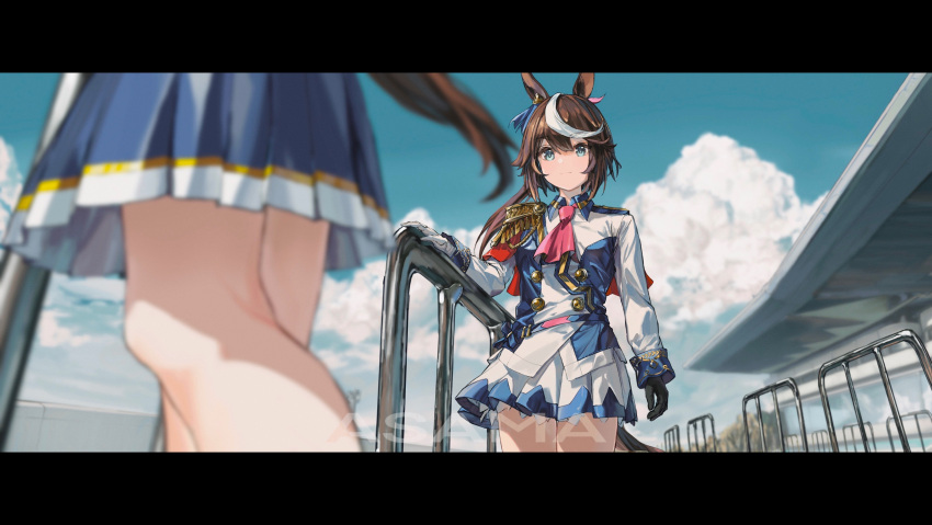 1girl absurdres animal_ears artist_name asama_(drift_in) asymmetrical_gloves bangs black_gloves blue_eyes blue_skirt blurry blurry_foreground brown_hair buttons capelet closed_mouth clouds day double-breasted dual_persona epaulettes gloves highres horse_ears horse_girl horse_tail jacket letterboxed long_hair long_sleeves mismatched_gloves multicolored_hair outdoors ponytail railing single_epaulette skirt smile standing streaked_hair tail tokai_teio_(umamusume) umamusume watermark white_gloves white_skirt