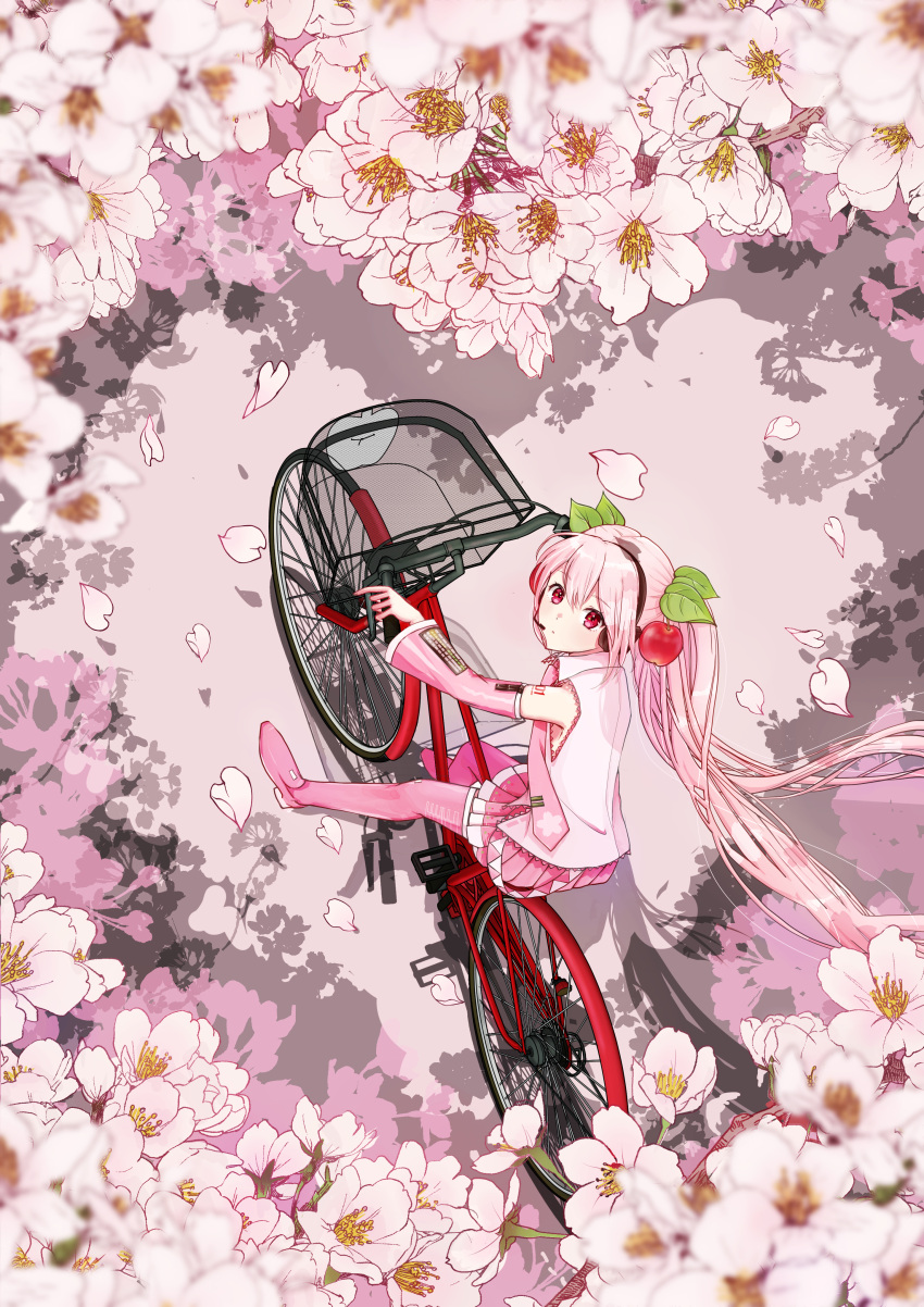 1girl absurdres bicycle bicycle_basket blurry blurry_foreground cherry_blossom_print cherry_blossoms cherry_hair_ornament commentary detached_sleeves dot_mouth falling_petals floral_print flower food-themed_hair_ornament from_above ground_vehicle hair_ornament hatsune_miku headphones headset heart highres long_hair looking_at_viewer looking_up miniskirt mofmama necktie petals pink_eyes pink_flower pink_footwear pink_hair pink_legwear pink_necktie pink_skirt pink_theme pleated_skirt riding_bicycle sakura_miku shirt skirt sleeveless sleeveless_shirt solo spring_(season) thigh-highs twintails very_long_hair vocaloid white_shirt