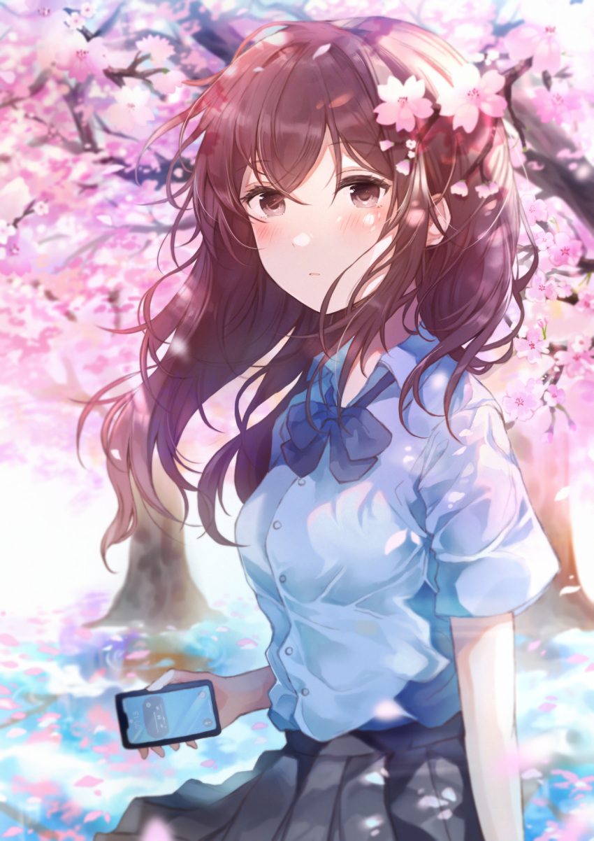 1girl bangs black_skirt blue_bow blue_bowtie blush bow bowtie breasts brown_eyes brown_hair cellphone cherry_blossoms dress_shirt flower hair_flower hair_ornament highres holding holding_phone long_hair looking_at_viewer namamake original outdoors phone pleated_skirt shirt short_sleeves skirt smartphone solo