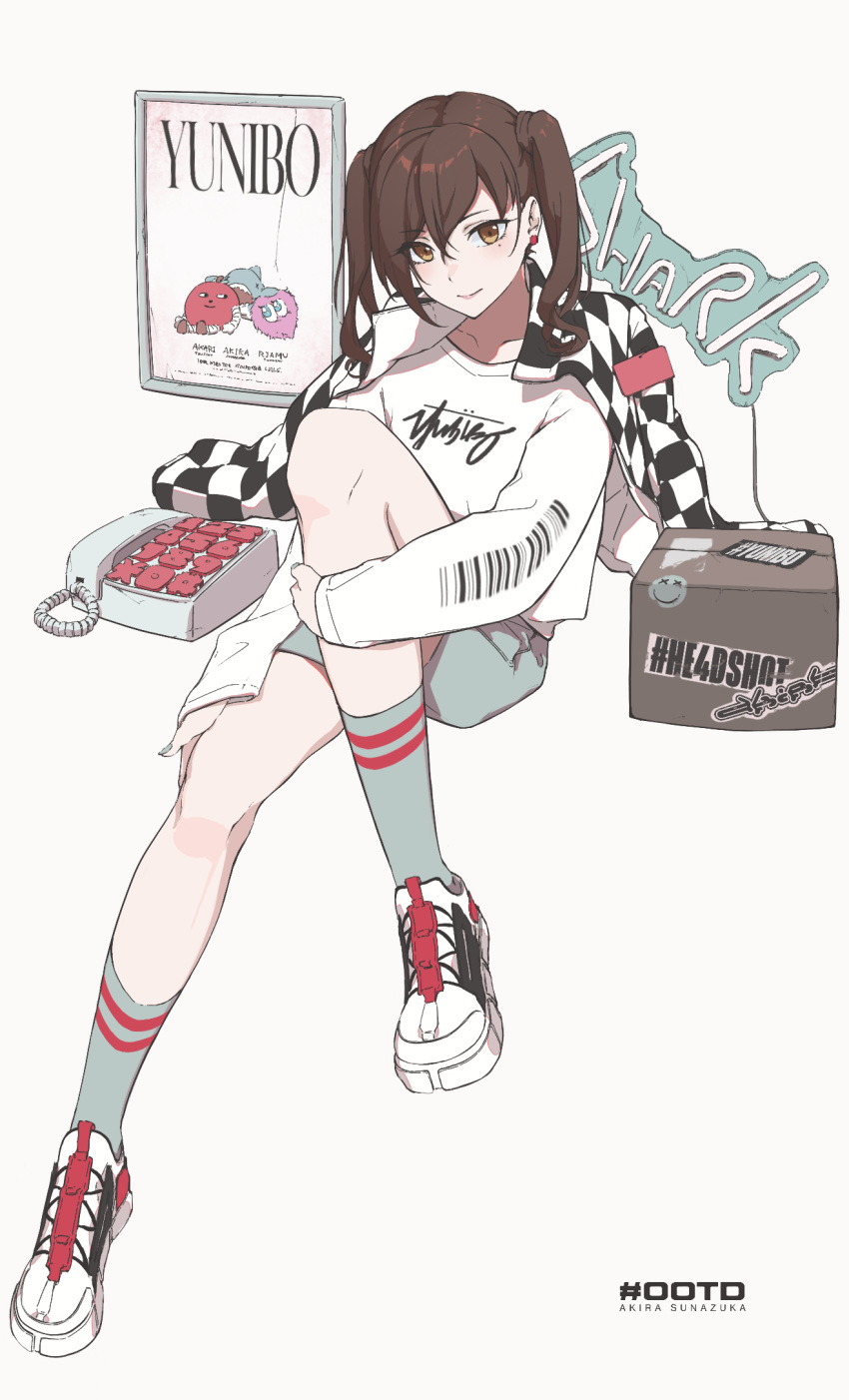 1girl alternate_costume black_hair checkered_clothes checkered_jacket earrings full_body highres hodoyoi idolmaster idolmaster_cinderella_girls invisible_floor jacket jewelry knee_up looking_at_viewer mole mole_under_eye nail_polish phone print_shirt shirt shoes shorts simple_background sneakers solo stussy_(brand) sunazuka_akira twintails wavy_hair