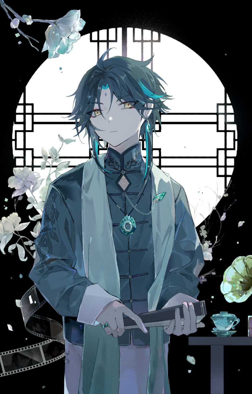 1boy alternate_costume aqua_hair bangs black_hair chinese_clothes closed_mouth cup earrings facial_mark film_reel flower forehead_mark genshin_impact highres holding jewelry long_sleeves makeup male_focus multicolored_hair necklace petals phonograph ring shemika98425261 single_earring solo upper_body white_flower xiao_(genshin_impact) yellow_eyes