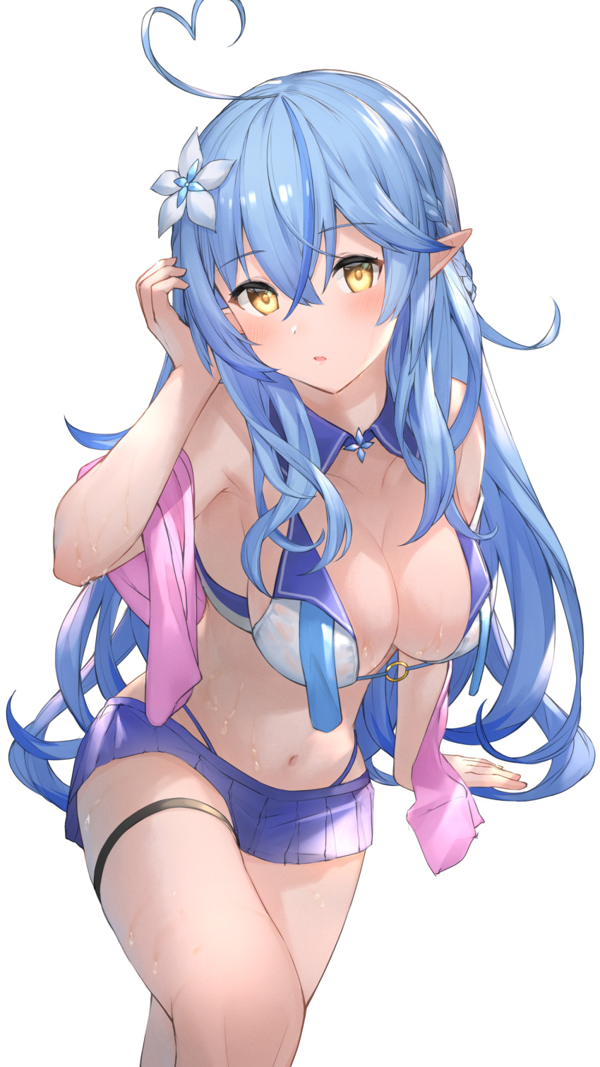 1girl absurdres ahoge bangs bikini bikini_skirt blue_bikini blue_hair blush breasts crossed_legs detached_collar eyebrows_visible_through_hair flower hair_flower hair_ornament hand_up heart_ahoge highres hololive large_breasts long_hair looking_at_viewer navel open_mouth pointy_ears sailor_collar simple_background solo soyoghi stomach swimsuit thigh_strap thighs towel_on_arm virtual_youtuber wet white_background white_flower yellow_eyes yukihana_lamy