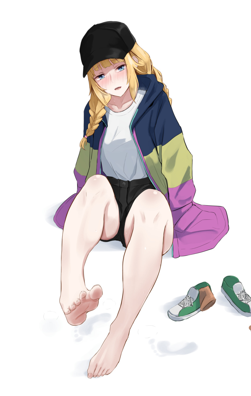 1girl absurdres barefoot baseball_cap blonde_hair blue_eyes blush braid casual hat highres jacket long_hair paripi_koumei shoes shoes_removed shorts simple_background sitting socks_removed soles solo toes tsukimi_eiko twin_braids white_background yilan_un