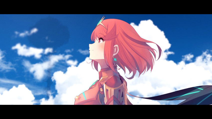 1girl bangs breasts chest_jewel clouds cloudy_sky earrings gem hakusai_(hksicabb) headpiece highres jewelry large_breasts looking_up pyra_(xenoblade) red_eyes redhead short_hair sky solo swept_bangs tiara xenoblade_chronicles_(series) xenoblade_chronicles_2