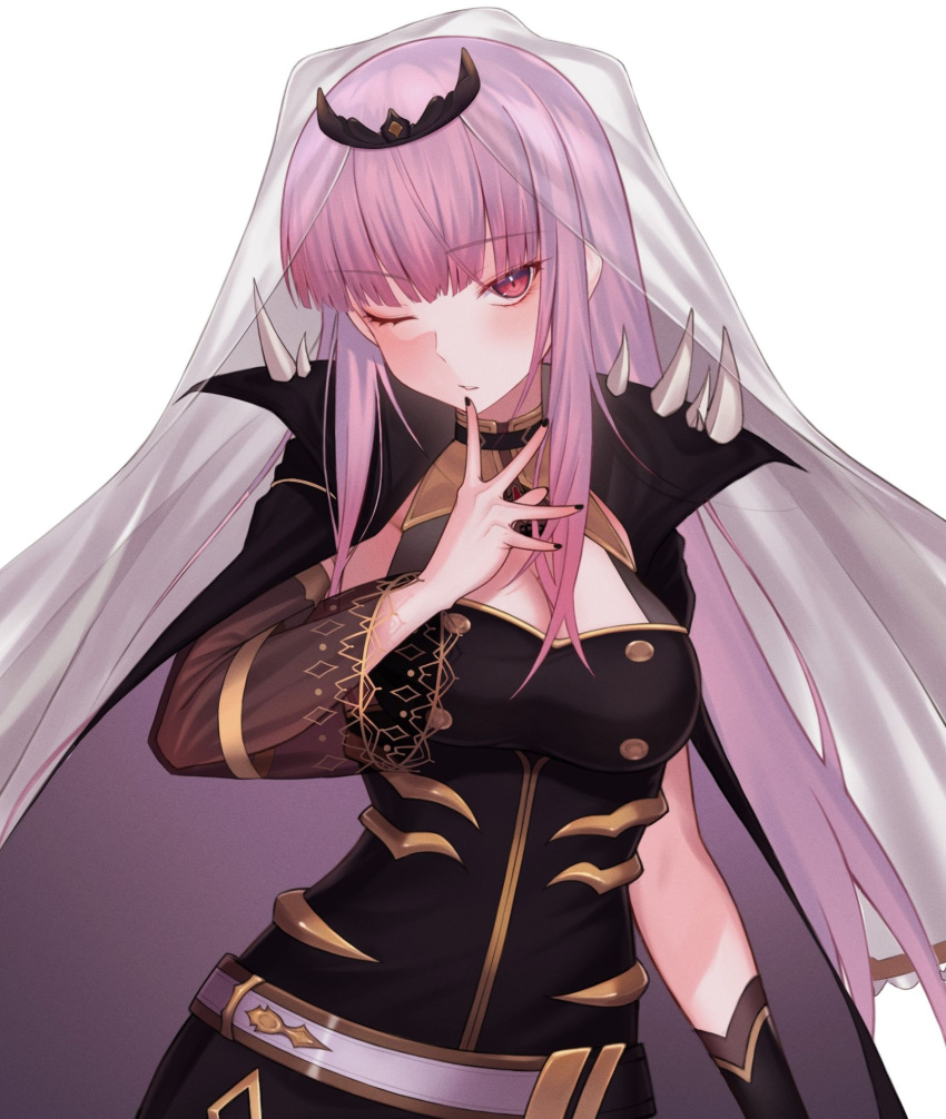1girl bangs black_cape black_dress black_nails blunt_bangs blush breasts cape detached_sleeves dress eyebrows_visible_through_hair hand_up highres hololive hololive_english l4st_resort large_breasts long_hair looking_at_viewer mori_calliope one_eye_closed parted_lips pink_hair red_eyes see-through simple_background solo spikes upper_body virtual_youtuber white_background white_veil