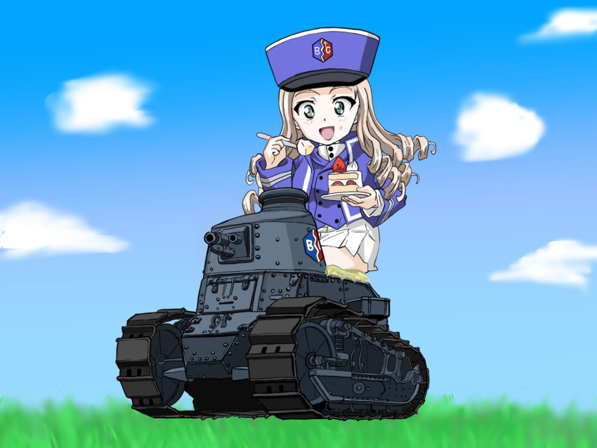 1girl :d bc_freedom_(emblem) bc_freedom_military_uniform blonde_hair blue_headwear blue_jacket blue_vest cake chibi commentary dress_shirt drill_hair emblem food fork ft-17 girls_und_panzer green_eyes ground_vehicle hat high_collar highres holding holding_food holding_fork jacket kepi long_hair long_sleeves looking_at_viewer marie_(girls_und_panzer) military military_hat military_vehicle motor_vehicle pleated_skirt shirt sitting skirt smile solo sudou_heichou tank vest white_shirt white_skirt