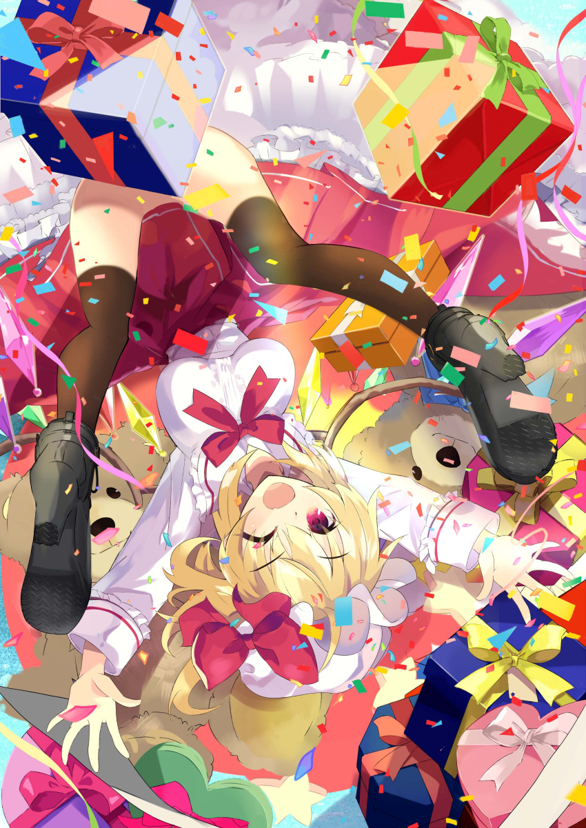1girl ;o absurdres bangs black_footwear black_legwear blonde_hair bow box breasts confetti eyebrows_visible_through_hair flandre_scarlet full_body gift gift_box hat heart-shaped_box highres long_sleeves looking_at_viewer mob_cap no_panties one_eye_closed one_side_up red_bow red_eyes red_skirt short_hair skirt solo tetsurou_(fe+) thigh-highs touhou white_headwear
