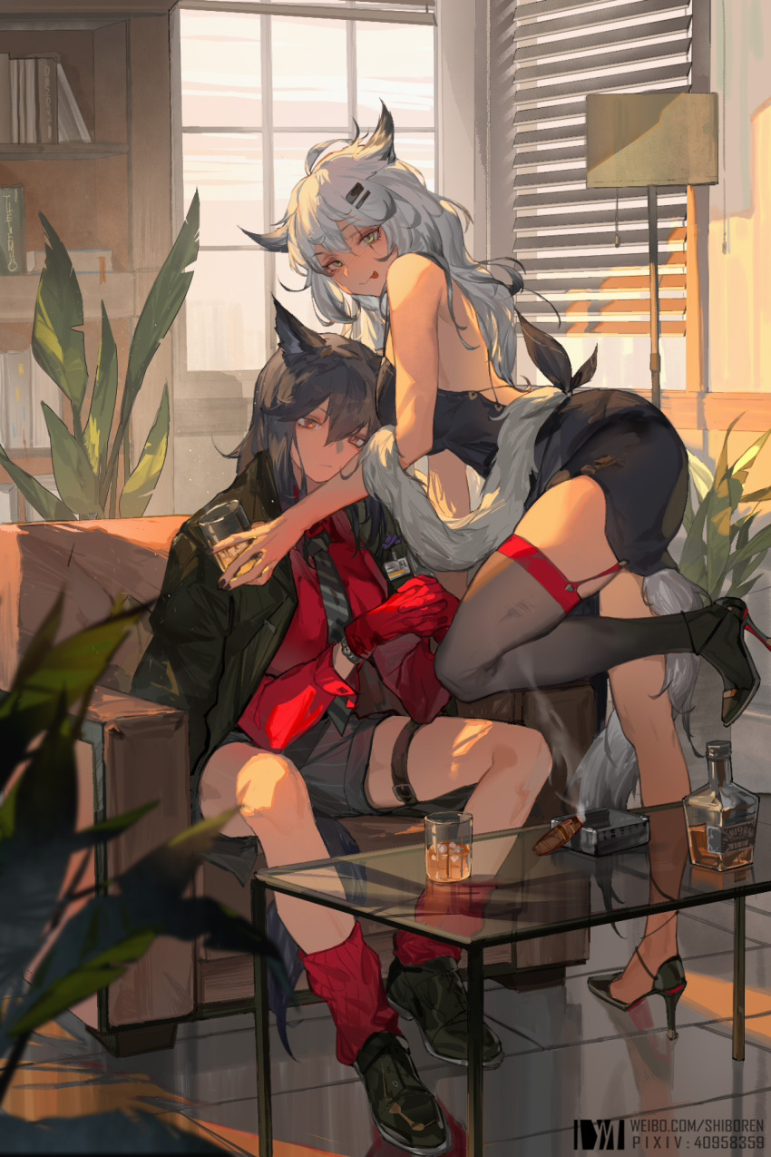 2girls :p animal_ears arknights bangs bare_shoulders black_dress black_footwear black_hair black_jacket black_legwear blinds bottle cigar closed_mouth couch cup dm_(dai_miao) dress full_body fur_shawl garter_straps gloves green_eyes grey_hair hair_between_eyes high_heels highres holding holding_cup indoors jacket jacket_on_shoulders lappland_(arknights) long_hair long_sleeves multiple_girls nail_polish on_couch own_hands_clasped own_hands_together plant red_eyes red_gloves red_legwear red_shirt scar scar_across_eye shirt shoes short_shorts shorts single_thighhigh sitting sleeveless sleeveless_dress socks standing standing_on_one_leg table tail texas_(arknights) thigh-highs thigh_strap tongue tongue_out wolf_ears wolf_girl wolf_tail