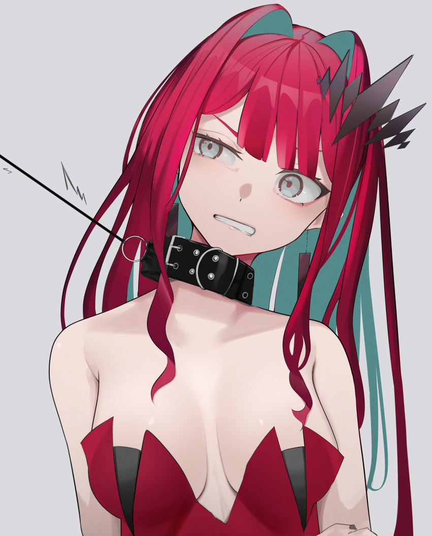 1girl absurdres black_nails breasts breasts_apart clenched_teeth collarbone colored_inner_hair dress earrings eyebrows_behind_hair fairy_knight_tristan_(fate) fate/grand_order fate_(series) green_hair grey_background grey_eyes grimace hair_intakes highres jewelry leash long_hair looking_to_the_side medium_breasts multicolored_hair pulling red_dress redhead san_(harutuki_3) simple_background solo strapless strapless_dress teeth upper_body