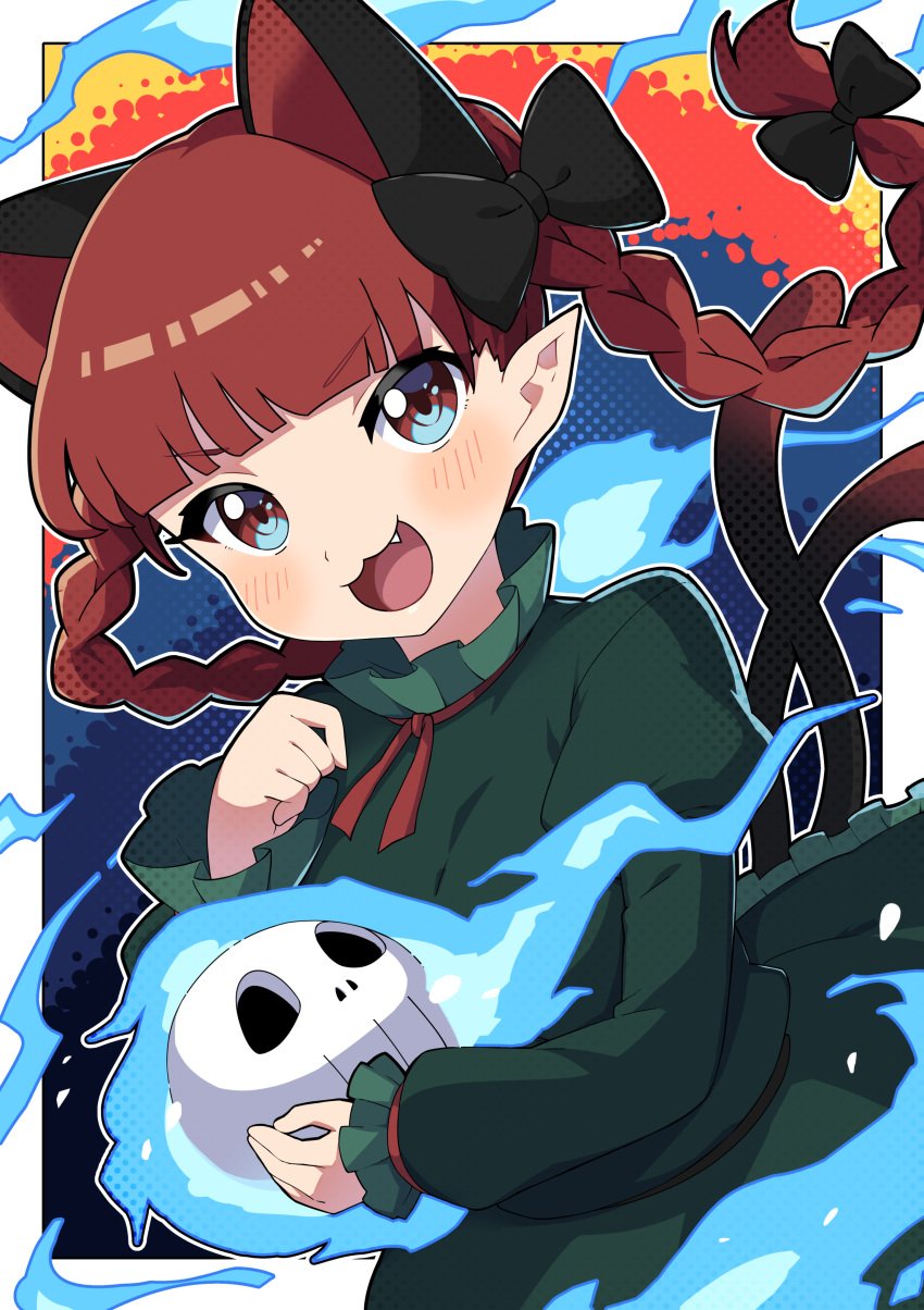 1girl :3 :d absurdres animal_ears bangs black_bow blue_eyes blue_fire blunt_bangs blush bow braid cat_ears dress extra_ears eyebrows_visible_through_hair fang fire flaming_skull floating_skull green_dress hair_bow highres hitodama holding holding_skull kaenbyou_rin long_sleeves looking_at_viewer miz_(mizillustration) multicolored_eyes multiple_tails nekomata open_mouth outline pointy_ears red_eyes redhead skull smile solo tail touhou twin_braids v-shaped_eyebrows white_outline