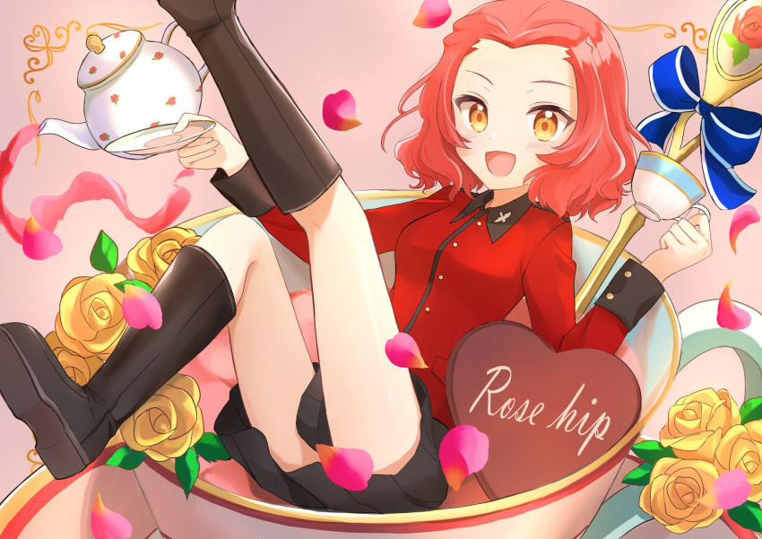 1girl :d black_footwear black_skirt boots candy character_name chocolate commentary cup epaulettes food girls_und_panzer heart heart-shaped_chocolate highres holding holding_cup holding_saucer jacket kettle leg_up long_sleeves looking_at_viewer medium_hair military military_uniform orange_eyes pleated_skirt red_jacket redhead rosehip_(girls_und_panzer) saucer skirt smile solo st._gloriana's_military_uniform teacup uniform yaminabe_(szhal14)