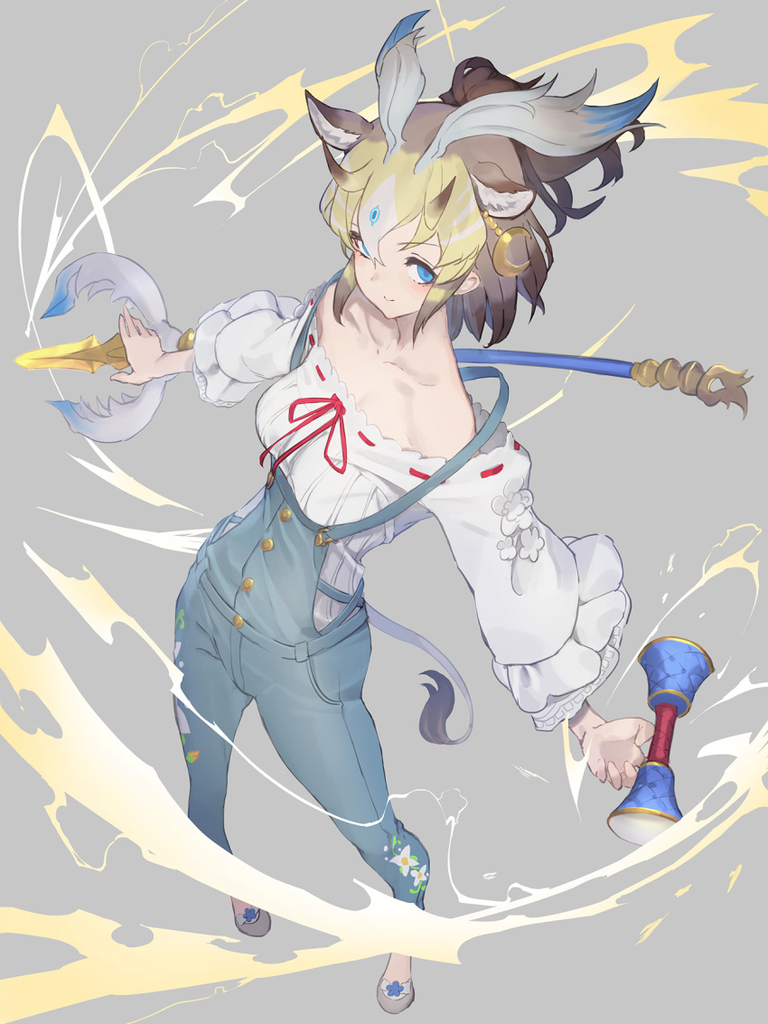 1girl action animal_ears blonde_hair blue_eyes blush brown_hair collared_shirt denim don3 extra_ears eyebrows_visible_through_hair giraffe_ears giraffe_girl giraffe_horns giraffe_tail hair_ornament highres horns jeans kemono_friends kemono_friends_3 lightning long_sleeves looking_at_viewer moon_(ornament) multicolored_hair off-shoulder_shirt off_shoulder overalls pants polearm shirt short_hair sivatherium_(kemono_friends) solo spear suspenders tail weapon white_shirt