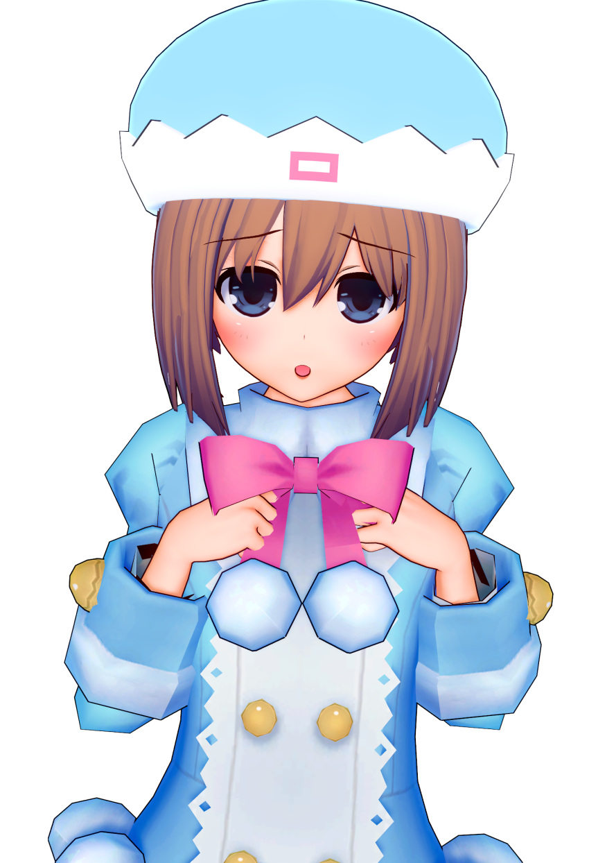 1girl 3d blue_coat blue_eyes bow bowtie brown_hair coat fur-trimmed_coat fur_trim hand_up happy hat highres istalo koikatsu_(medium) looking_at_viewer medium_hair neptune_(series) pink_bow pink_bowtie pom_pom_(clothes) rom_(neptune_series) smile solo upper_body