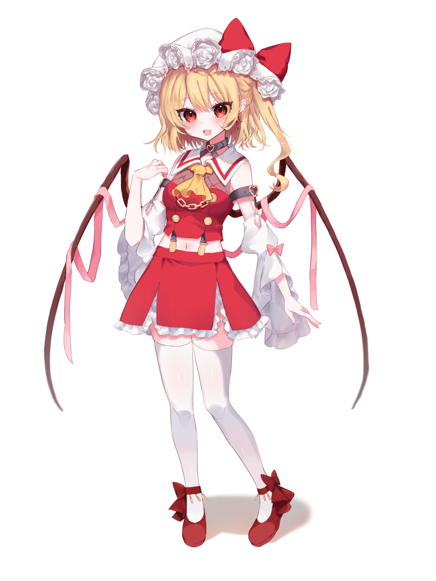 1girl :d absurdres adapted_costume alternate_wings ascot bangs bare_shoulders blonde_hair blush bow breasts buttons collared_shirt commentary_request crystal crystal_earrings detached_sleeves earrings eyebrows_visible_through_hair eyelashes eyes_visible_through_hair fang flandre_scarlet flower frills full_body gold hair_between_eyes hand_up hat hat_bow hat_ribbon heart highres jewelry juliet_sleeves long_sleeves looking_at_viewer looking_to_the_side medium_breasts miniskirt mob_cap navel open_mouth petticoat pink_bow pointy_ears puffy_sleeves red_bow red_eyes red_footwear red_ribbon red_shirt red_skirt red_vest ribbon rori82li rose shirt shoes short_hair simple_background skirt skirt_set smile solo standing tape teeth thigh-highs tongue touhou vest white_background white_flower white_headwear white_legwear white_rose white_shirt wide_sleeves wings wrist_cuffs yellow_ascot