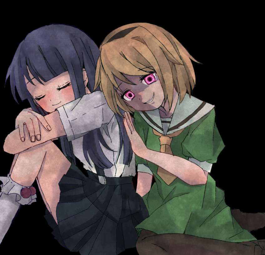 2girls :t bangs black_hairband black_sailor_collar black_skirt black_sweater_vest blonde_hair blue_hair blue_neckerchief blunt_bangs blush child closed_eyes collarbone cowboy_shot crossed_arms dark_persona dress eyebrows_visible_through_hair furude_rika green_dress hair_between_eyes hairband highres higurashi_no_naku_koro_ni hime_cut houjou_satoko long_hair multiple_girls nauka neckerchief open_mouth pleated_skirt red_eyes sailor_collar school_uniform serafuku short_hair sidelocks skirt sweatdrop sweater sweater_vest violet_eyes white_sleeves yuri