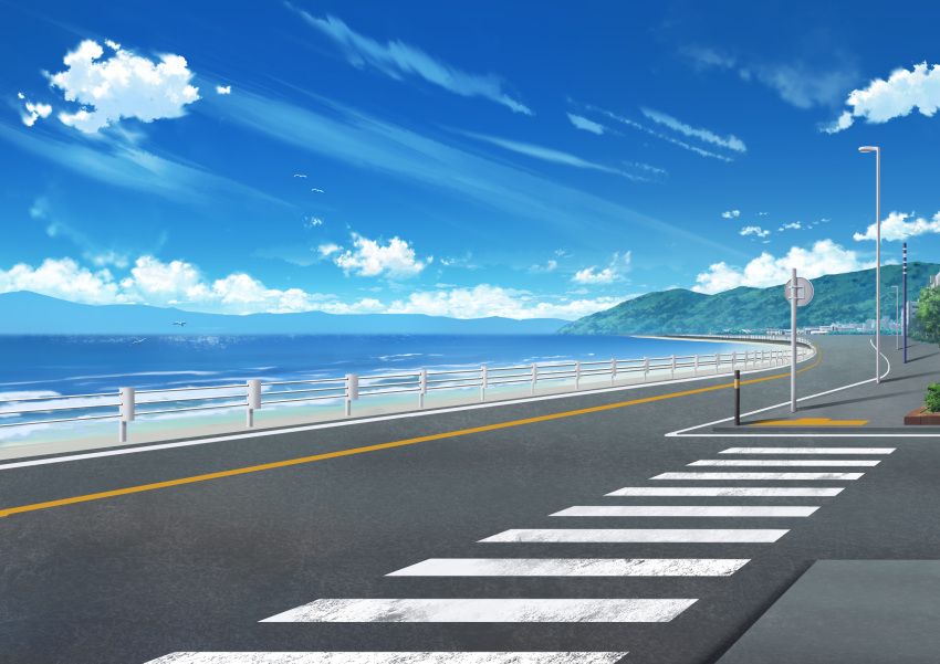 absurdres bird blue_sky bollard building clouds commentary_request crosswalk fence highres kiseki_(cblyc) lamppost mountain no_humans ocean original outdoors road road_sign scenery sign sky street water
