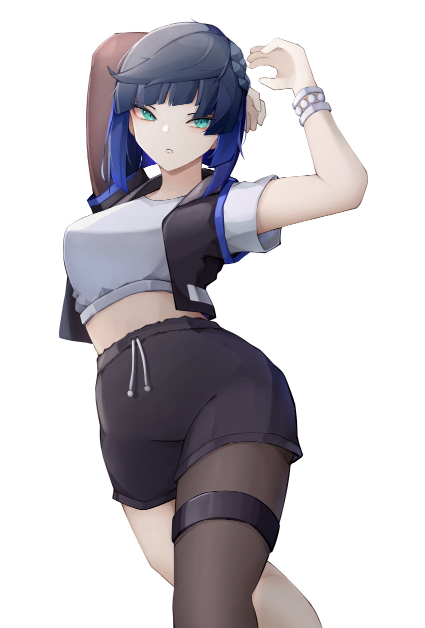 1girl absurdres alternate_costume aqua_eyes arms_up bangs black_hair black_legwear black_shorts black_vest blue_hair blunt_bangs bracelet breasts casual commentary contemporary crop_top feet_out_of_frame genshin_impact gradient_hair grey_shirt highres jewelry legwear_under_shorts looking_at_viewer medium_breasts midriff multicolored_hair parted_lips shirt short_hair short_shorts short_sleeves shorts simple_background single_leg_pantyhose solo standing stomach thigh_strap vest white_background yelan_(genshin_impact) yuu_azma