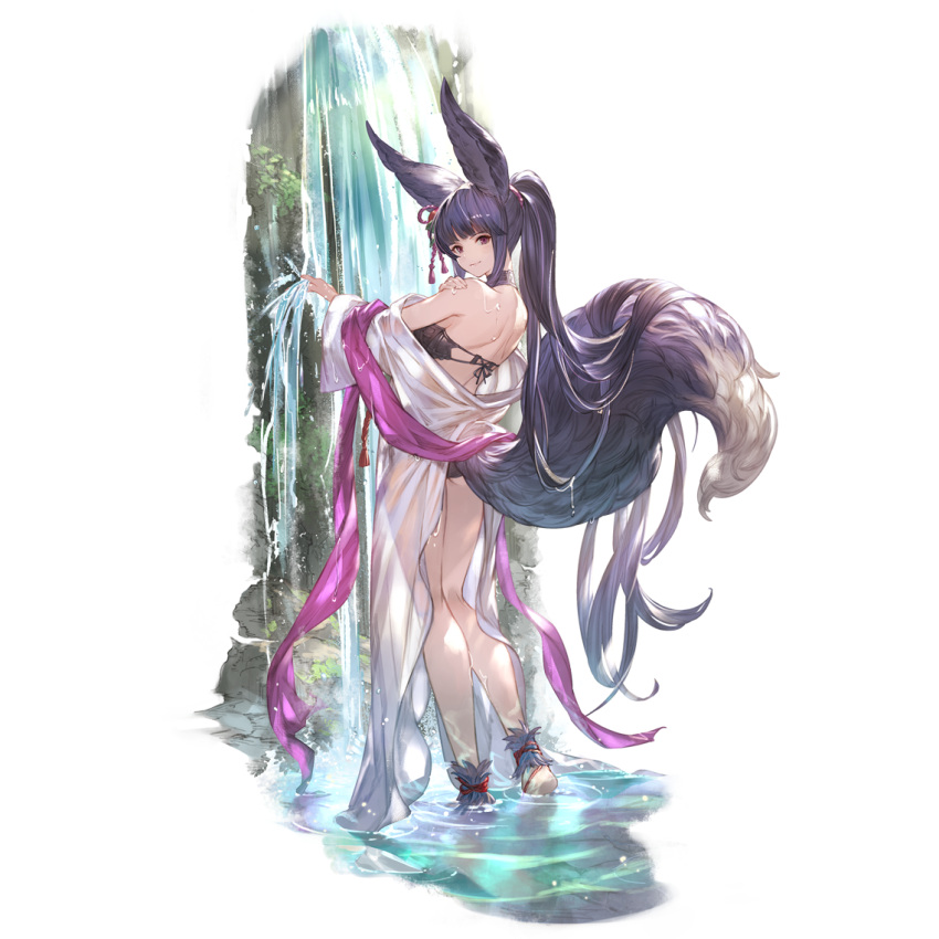 1girl animal_ears bangs bikini closed_mouth erune fox_ears fox_girl fox_tail from_behind full_body granblue_fantasy hair_ornament hand_on_own_shoulder hand_up long_hair looking_at_viewer looking_back minaba_hideo official_art ponytail purple_hair see-through shawl simple_background smile solo standing swimsuit tail third-party_edit transparent_background violet_eyes wading water wet wet_clothes yuel_(granblue_fantasy)