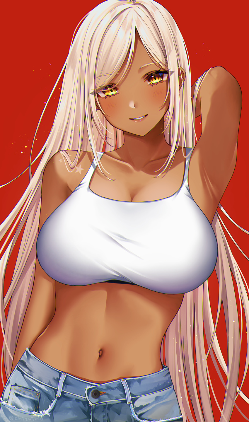 1girl absurdres alternate_costume alternate_hairstyle arm_up armpits blush breasts dark-skinned_female dark_skin eyebrows_visible_through_hair highres hololive hololive_english large_breasts long_hair looking_at_viewer midriff navel parted_lips red_background simple_background smile solo sosuke_(yrmon) teeth tsukumo_sana upper_body virtual_youtuber yellow_eyes