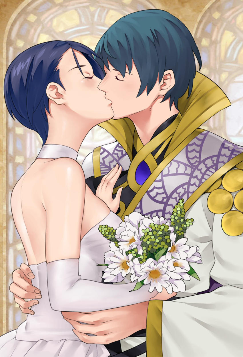 1boy 1girl alternate_costume bare_shoulders blue_hair blush bouquet byleth_(fire_emblem) byleth_eisner_(male) closed_eyes commentary couple detached_collar dress elbow_gloves english_commentary fingernails fire_emblem fire_emblem:_three_houses flower gloves gold_trim hand_on_another's_hip high_collar highres holding holding_bouquet hug igni_tion indoors kiss official_alternate_costume purple_hair robe shamir_nevrand short_hair strapless strapless_dress wedding wedding_dress white_dress white_flower white_gloves white_robe wide_sleeves