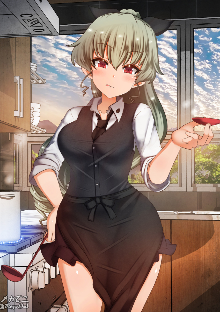 1girl anchovy_(girls_und_panzer) aquaegg black_necktie blush breasts clouds cloudy_sky eyebrows_visible_through_hair girls_und_panzer green_hair hair_ribbon hand_on_hip highres indoors ladle large_breasts long_hair looking_at_viewer necktie ponytail red_eyes ribbon shiny shiny_hair shiny_skin sky solo standing tongue tongue_out window