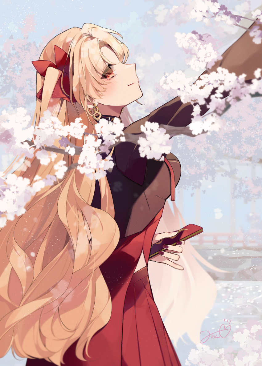 1girl absurdres arm_up bangs blonde_hair bow branch closed_fan cowboy_shot day earrings ereshkigal_(fate) ereshkigal_(youming_niangniang)_(fate) eyebrows_visible_through_hair eyes_visible_through_hair fate/grand_order fate_(series) flower folding_fan from_side hair_bow hand_fan high_collar highres holding holding_fan jewelry long_hair long_sleeves looking_away looking_up misaki346 nail_polish outdoors parted_bangs pinky_out profile reaching red_bow red_eyes red_nails signature smile solo tassel two_side_up very_long_hair vietnamese_dress