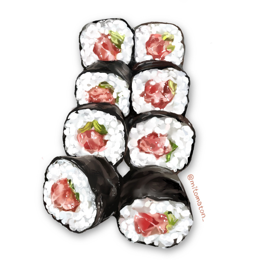 commentary_request fish food food_focus highres mitomaton no_humans original rice seaweed simple_background sushi white_background