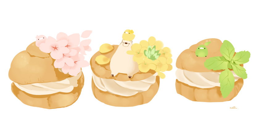 animal bear bird chai_(drawingchisanne) commentary_request cream cream_puff flower food food_focus highres looking_at_viewer mint no_humans on_food on_person original pastry petals polar_bear signature sitting sitting_on_food sitting_on_person sweets white_background