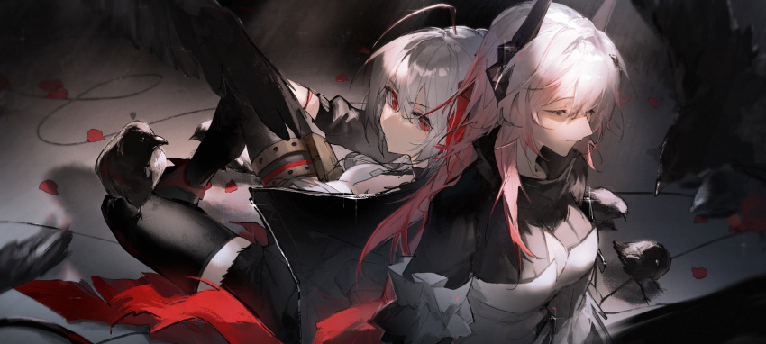 2girls ahoge arknights bangs bird black_jacket black_legwear breasts chinese_commentary closed_eyes commentary_request crow hair_between_eyes highres jacket medium_breasts multiple_girls nonhaaa open_clothes open_jacket red_eyes short_hair silver_hair sitting theresa_(arknights) thigh-highs thighs w_(arknights)