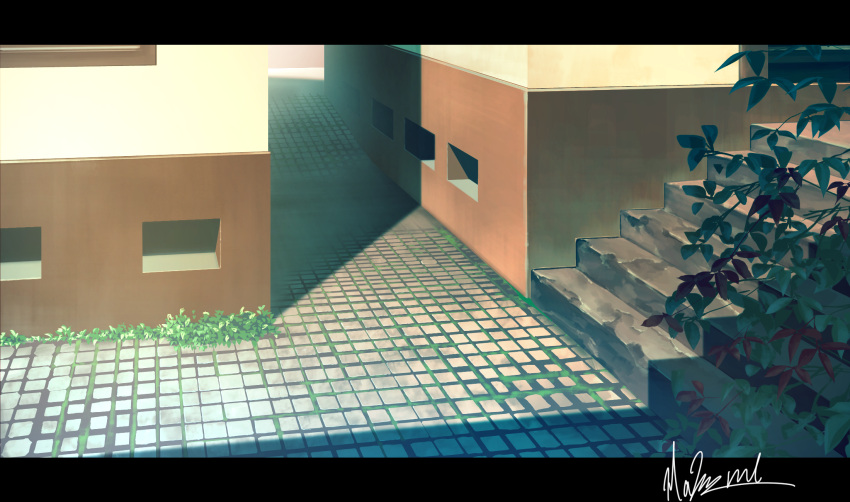 building commentary_request grass hakuurei_amano highres letterboxed no_humans original outdoors scenery shadow stairs tile_floor tiles watermark