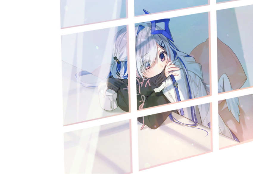 1girl amane_kanata angel_wings blue_hair cup eyebrows_visible_through_hair hair_ornament hairclip highres hololive hood hoodie long_hair long_sleeves looking_to_the_side moro_(from_m0r0) mug silver_hair sitting solo two_side_up violet_eyes virtual_youtuber window wings