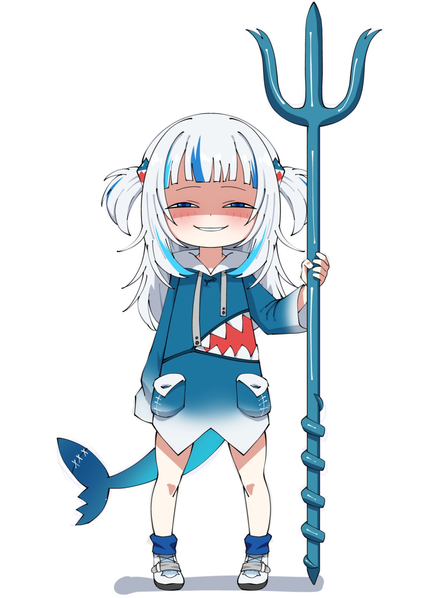 animal_costume animal_hood anya's_heh_face_(meme) bangs blue_eyes blue_hair blue_hoodie blunt_bangs chibi commentary drawstring english_commentary fish_tail full_body gawr_gura grin hair_ornament half-closed_eyes highres holding holding_trident holding_weapon hololive hololive_english hood hood_down hoodie long_sleeves looking_at_viewer medium_hair multicolored_hair oppaihobby parody polearm scene_reference shaded_face shark_costume shark_girl shark_hair_ornament shark_hood shark_tail shoes silver_hair simple_background smile sneakers spy_x_family standing straight-on streaked_hair tail trident two_side_up virtual_youtuber weapon white_background white_footwear wide_sleeves