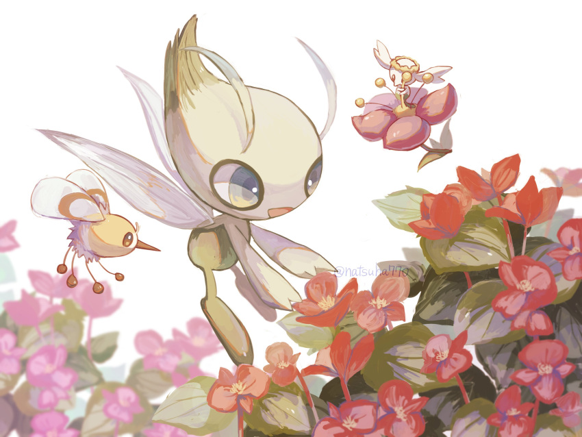 :d celebi commentary_request cutiefly flabebe flabebe_(red) flower happy highres natsuha770 no_humans open_mouth pokemon pokemon_(creature) purple_flower red_flower smile tongue twitter_username watermark white_background