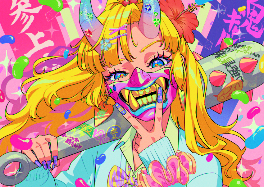 1girl absurdres bangs blonde_hair blue_cardigan blue_eyes bow bowtie candy cardigan chama_kou club_(weapon) collared_shirt earrings eyelashes floating_hair flower food green_shirt gyaru hair_flower hair_ornament hair_scrunchie hairclip hand_up highres holding_club horns jelly_bean jewelry long_hair mask mixed-language_commentary mouth_mask nail_polish ninja_mask oni oni_horns oni_mask original over_shoulder scrunchie shirt solo spiked_club upper_body v weapon weapon_over_shoulder x_hair_ornament
