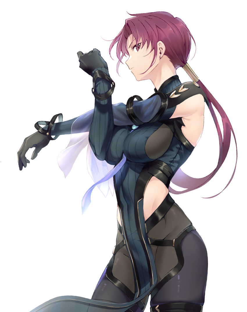 1girl bazett_fraga_mcremitz between_breasts black_bodysuit black_gloves blue_bodysuit blue_necktie bodysuit breasts closed_mouth commentary_request fate/grand_order fate_(series) gloves highres large_breasts long_hair long_sleeves looking_at_viewer low_ponytail manannan_mac_lir_(fate) manannan_mac_lir_(second_ascension)_(fate) mole mole_under_eye necktie necktie_between_breasts okonon_(kado_colda) pelvic_curtain purple_hair simple_background solo two-tone_bodysuit violet_eyes white_background