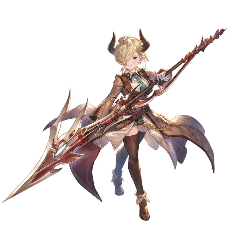 1girl belt belt_pouch blonde_hair brown_coat brown_footwear brown_legwear buckle buttons closed_mouth coat collared_shirt crossed_legs draph fold-over_boots full_body gloves granblue_fantasy green_eyes green_necktie green_shorts hair_over_one_eye holding holding_weapon horns laguna_(granblue_fantasy) long_sleeves minaba_hideo necktie official_art one_eye_covered pointy_ears pouch shirt short_hair short_shorts shorts simple_background single_glove smile solo standing thigh-highs third-party_source tiptoes transparent_background weapon white_gloves white_shirt