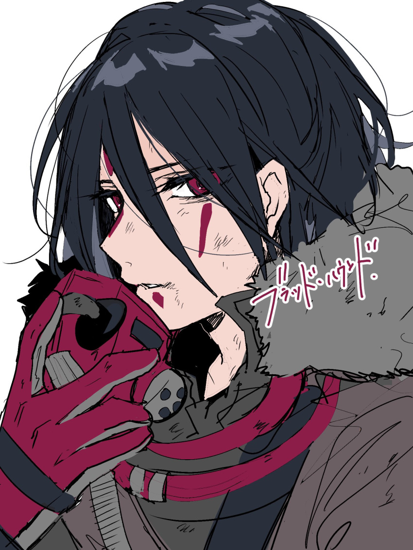 1non-binary androgynous apex_legends bangs black_hair bloodhound_(apex_legends) character_name facepaint fur_trim grey_jacket hair_behind_ear hair_between_eyes highres holding holding_mask jacket looking_at_viewer mashiro_(rikuya) mask parted_lips portrait queer rebreather red_eyes solo trans transgender white_background
