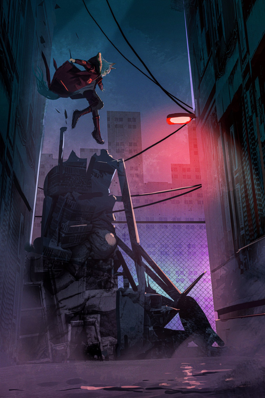 1girl alley animal_ears arknights black_pants boots building chain-link_fence city coat fence ftjysopc grey_hair highres holding holding_weapon knee_boots lamppost light midair night outdoors pants projekt_red_(arknights) red_coat red_footwear rubble solo tail weapon wide_shot wolf_ears wolf_girl wolf_tail