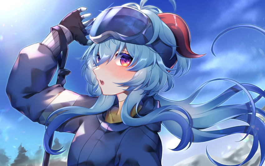 1girl ahoge bangs black_gloves blue_hair blue_sky blush ganyu_(genshin_impact) genshin_impact gloves goggles goggles_on_head highres horns long_hair looking_at_viewer low_ponytail om_rm1101 open_mouth outdoors sidelocks ski_goggles skis sky solo tree upper_body violet_eyes winter_clothes